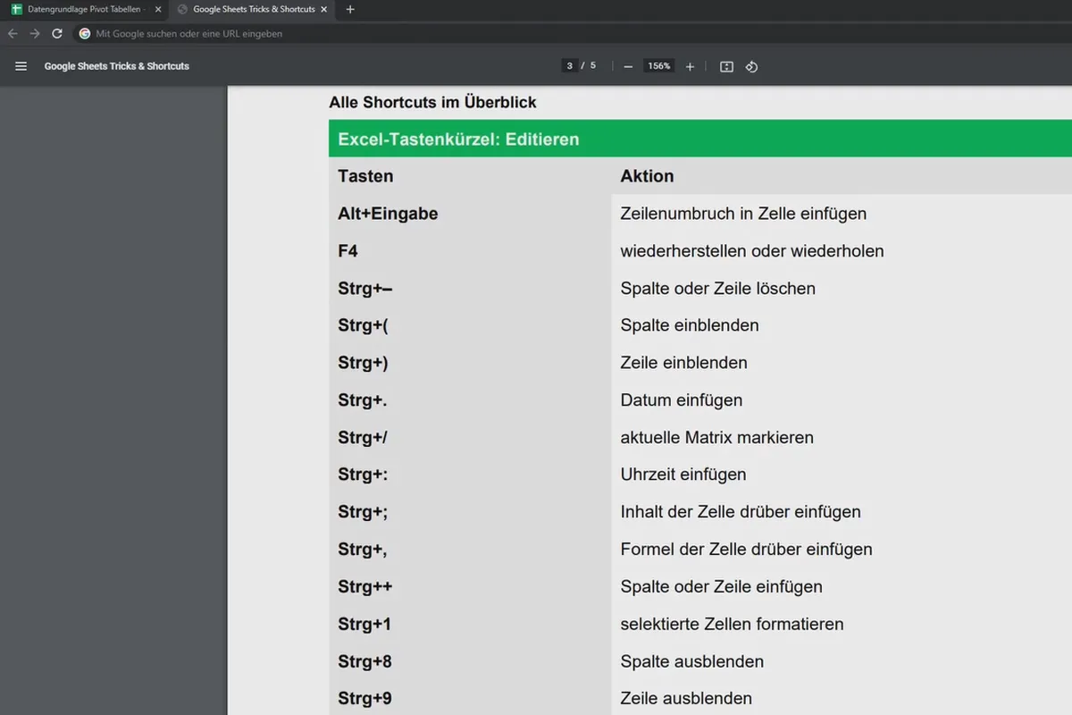 Tutorial Google Sheets: 10.2 Scurtături în Google Tabellen.