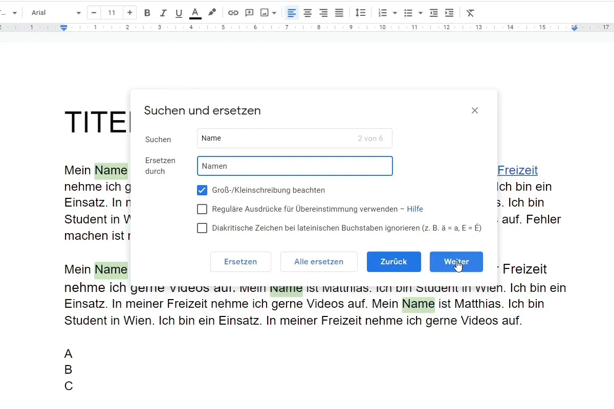 Google Docs-Tutorial: 5.5 | Suchen und Ersetzen