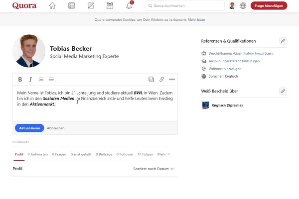 Digitales Marketing mit Quora: 2.3 | Account-Beschreibung erstellen