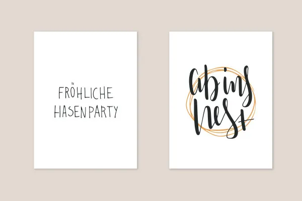 Frühlingsfrische Handlettering-Vorlagen für Ostern: 03 | "fröhliche Hasenparty", "ab ins Nest"