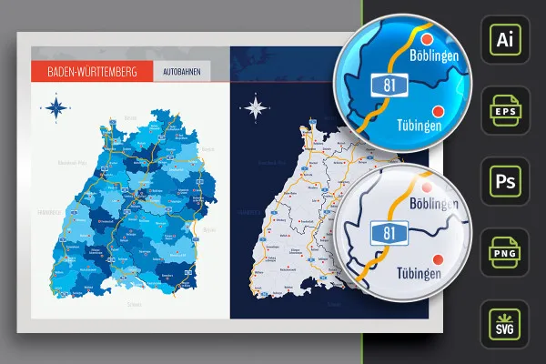 Harta landului Baden-Württemberg cu districte și orașe – autostrăzi