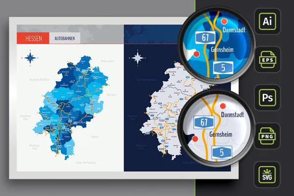 Landkarte Hessen mit Landkreisen und Städten – Autobahnen