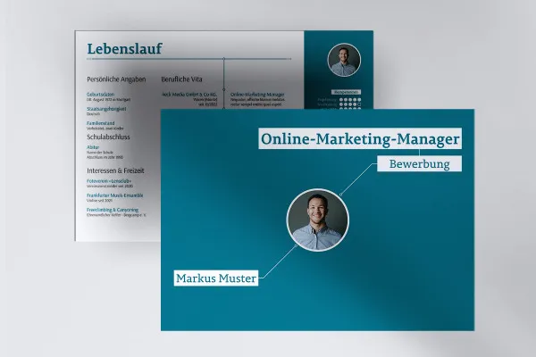 Bewerbungsvorlage im Querformat für Online-Marketing-Manager/in (türkis)