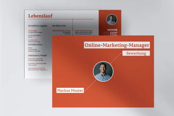 Bewerbungsvorlage im Querformat für Online-Marketing-Manager/in (lachsrot)