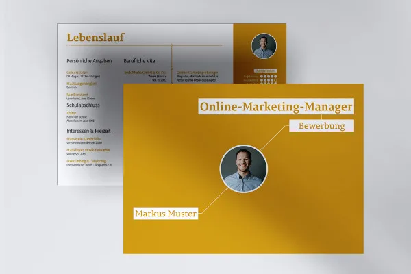 Bewerbungsvorlage im Querformat für Online-Marketing-Manager/in (sandgelb)