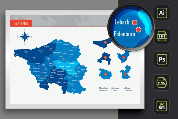 Landkarte Saarland mit Landkreisen und Städten – farbige Flächen