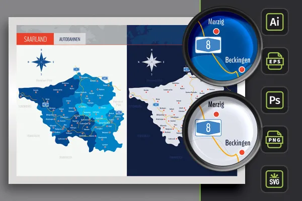 Landkarte Saarland mit Landkreisen und Städten –mit Autobahnen