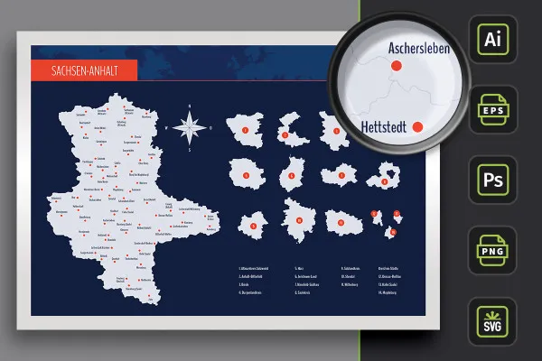 Hartă a landului Sachsen-Anhalt cu districte și orașe - granițe ca contur