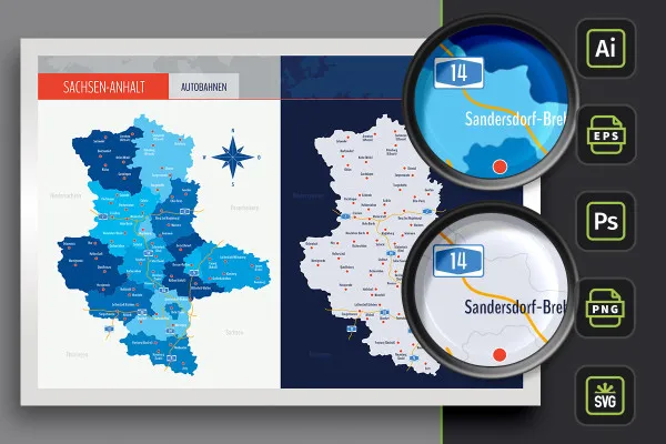 Hartă a landului Saxonia-Anhalt cu districte și orașe - autostrăzi