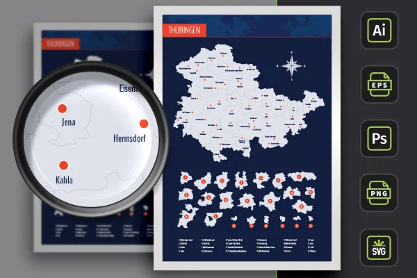 Hartă a landului Thüringen cu districte și orașe - granițe sub formă de contur.