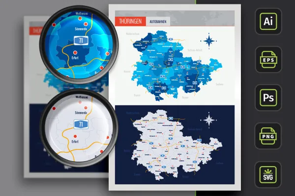 Harta landului Thüringen cu districte și orașe - Autostrăzi