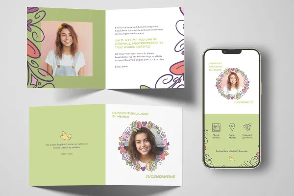 Jugendweihe – Vorlage für Einladungskarte „Bloom“ (quadratisch)