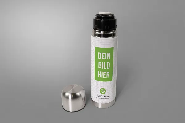 Mockup: Thermosflasche klassisch mit Verschluss, Deckel daneben