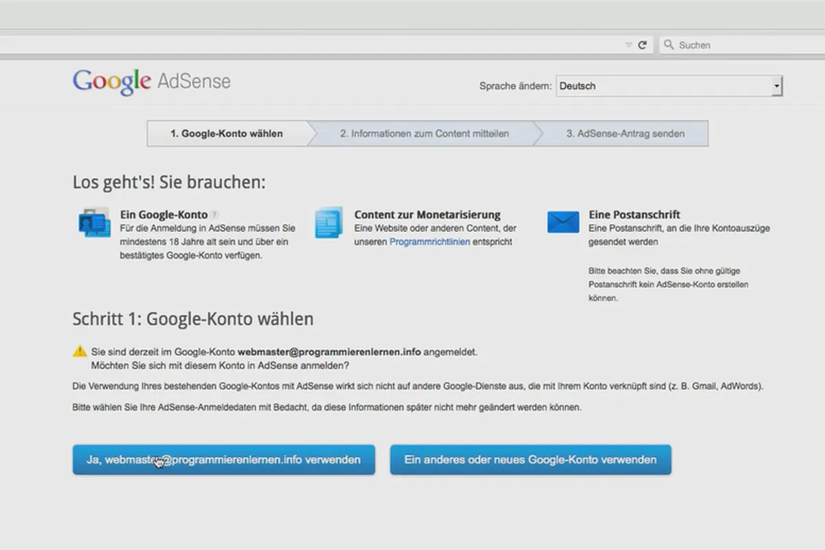 Mit der AdSense-Formel Geld verdienen – 2.2 Den Benutzeraccount beantragen