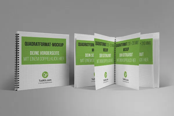 Mockup für quadratische Broschüre mit Spiralbindung: stehend, Cover, aufgeblätterte Innenseiten