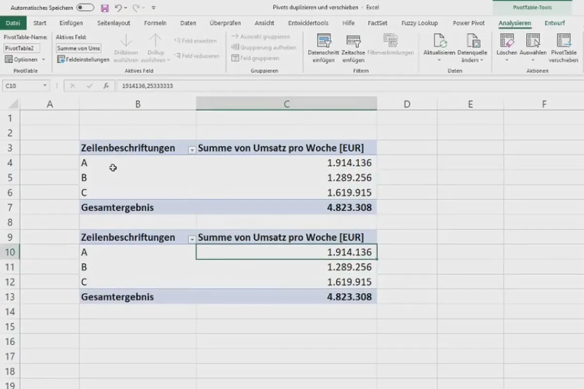 Pivot-Tabellen in Excel: 2.5 | Pivots duplizieren, verschieben & löschen