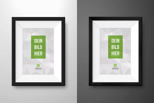 Mockup für einen schwarzen Bilderrahmen im Hochformat mit Passepartout