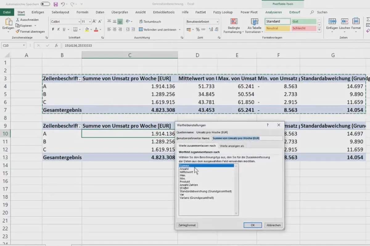 Pivot-Tabellen in Excel: 2.6 | Kennzahlenberechnung bei Pivot-Tabellen