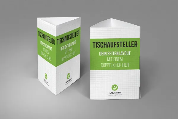 Mockup: zwei Tischaufsteller, Dreiecksaufsteller