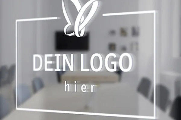 Photoshop-Mockup-Vorlage für Logos: weißes Eingangsschild auf Glastür