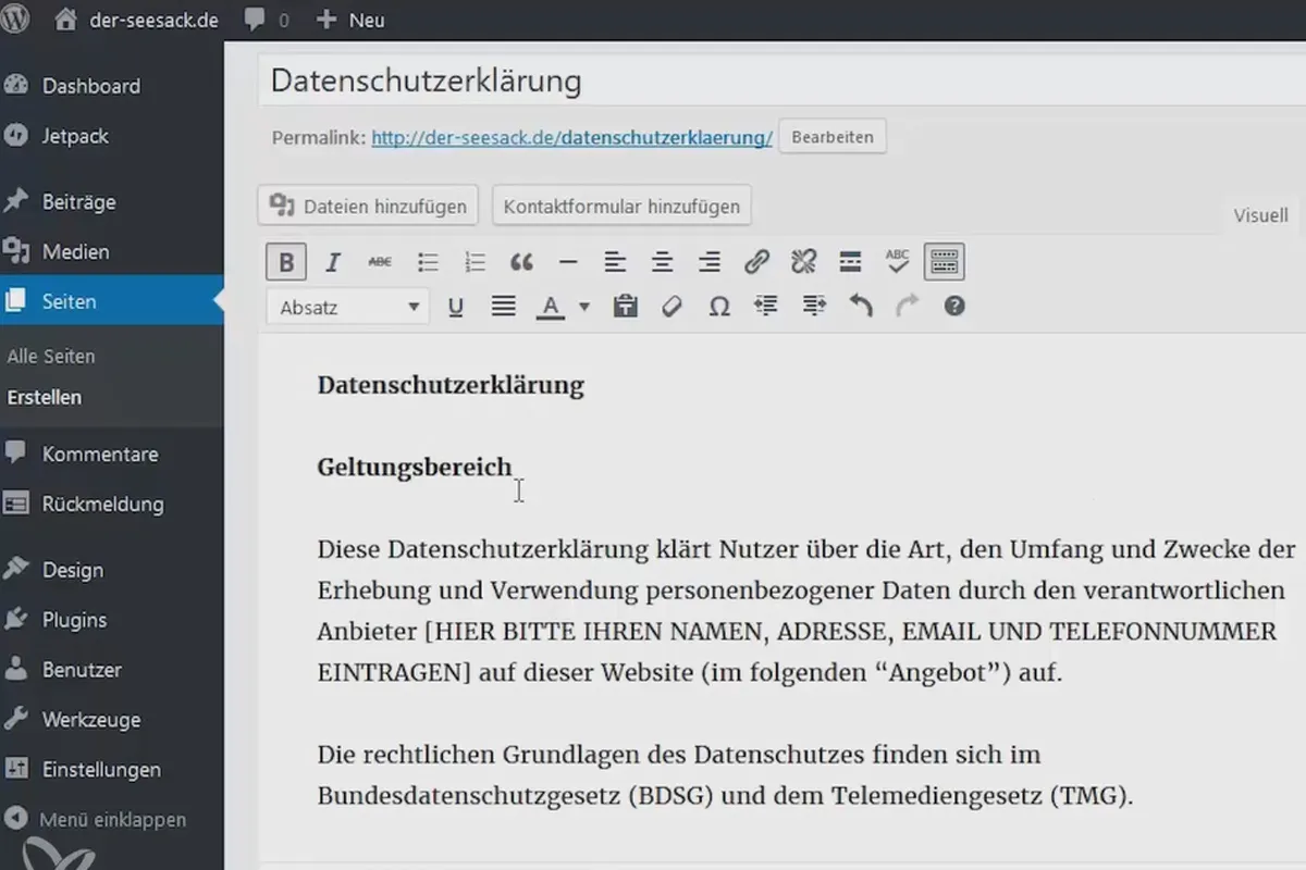 WordPress verstehen und einsetzen: 1.10 Die Datenschutzerklärung