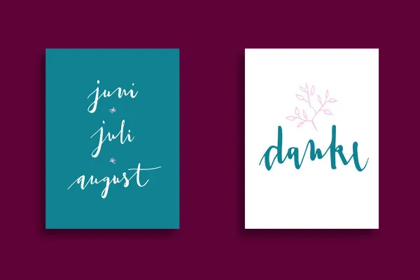 Handlettering Hochzeit: "juni juli august", "danke"