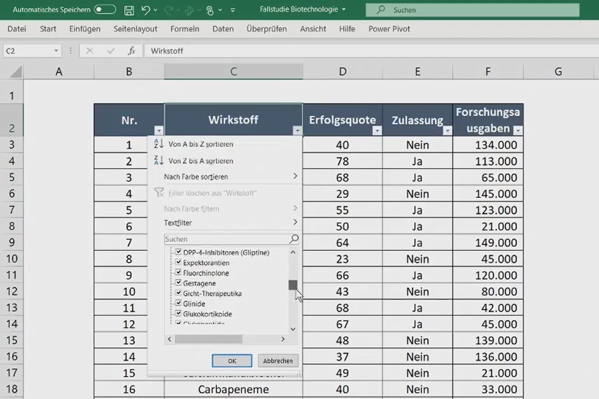 Statistik mit Excel: 4.1 Einführung in die Fallstudie Biotechnologie