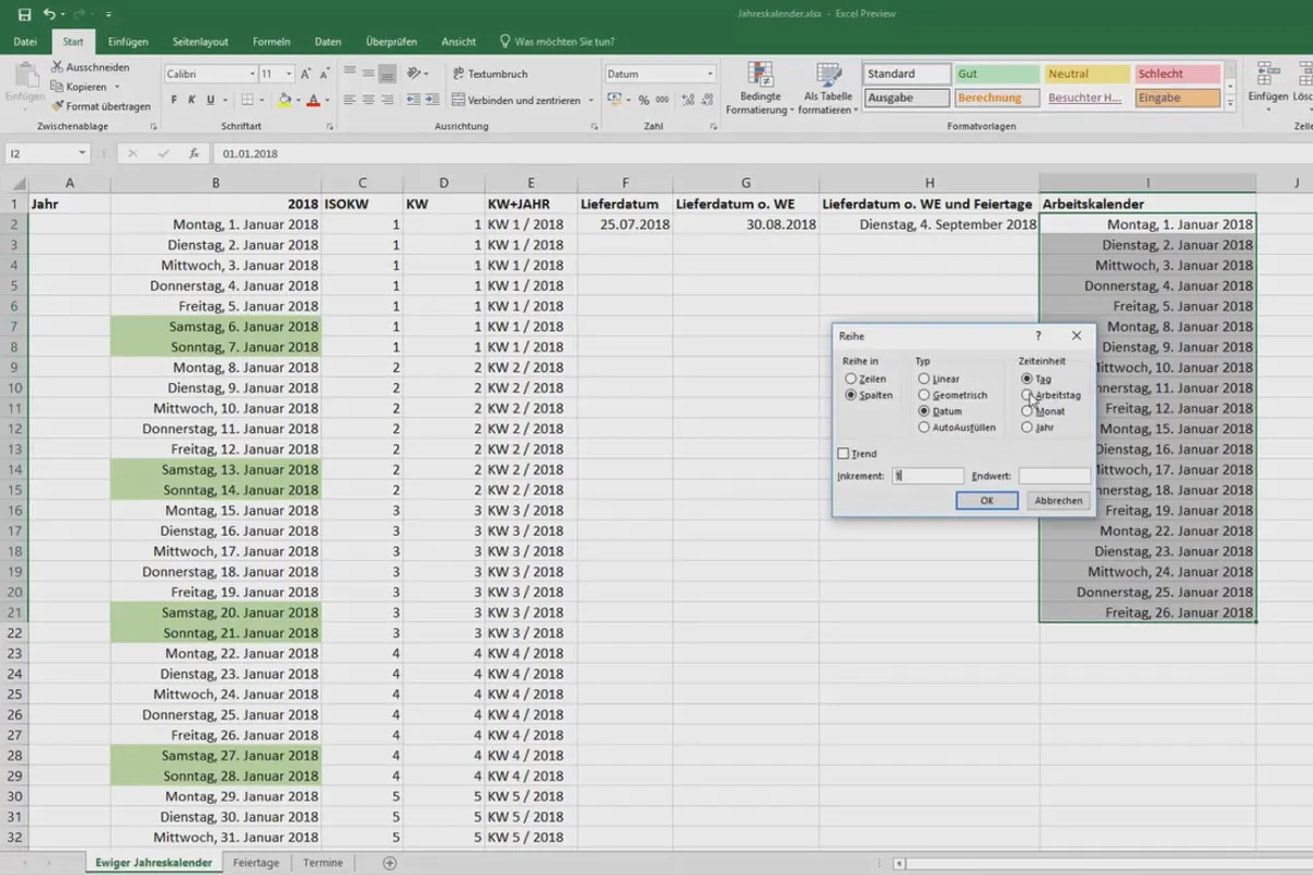 Instruire Excel pentru mai multă eficiență la birou: calendar, organigramă și altele - creați un calendar Excel doar cu zile lucrătoare.