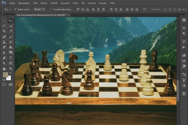 Compoziție Photoshop - Jocul de șah - Partea 10: Selectarea pieselor de joc și corecturi de culoare suplimentare la tabla de șah.
