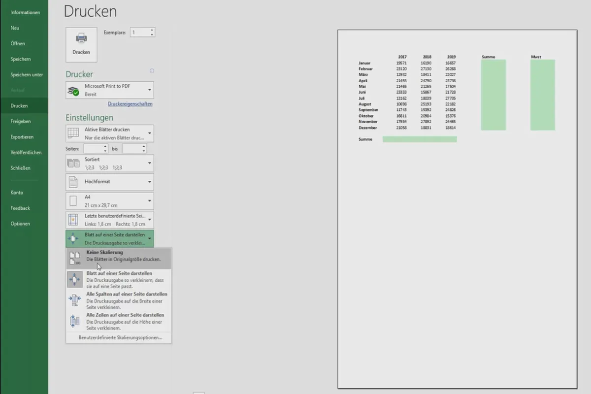 Excel-Tutorial: Pivot, Diagramme und Tabellen-Design zur anschaulichen Daten-Präsentation – 3.10 Excel-Tabelle auf eine einzige Seite