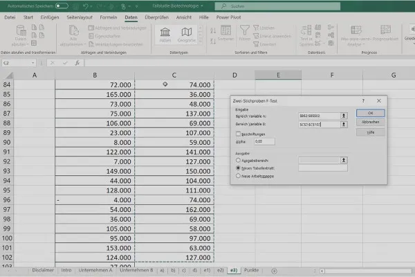 Statistik mit Excel: 4.8 Zweistichproben-F-Test in Excel