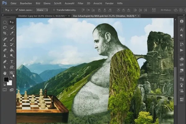 Componență Photoshop - Jocul de șah - Partea 17: Plasarea și ajustarea texturilor pe turnul drept.