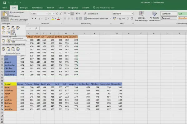 Instruire Excel pentru o mai mare eficiență la birou: calendar, organigramă & Co - 4.8 interschimbați coloanele și rândurile unei tabele cu funcția Transpunere.