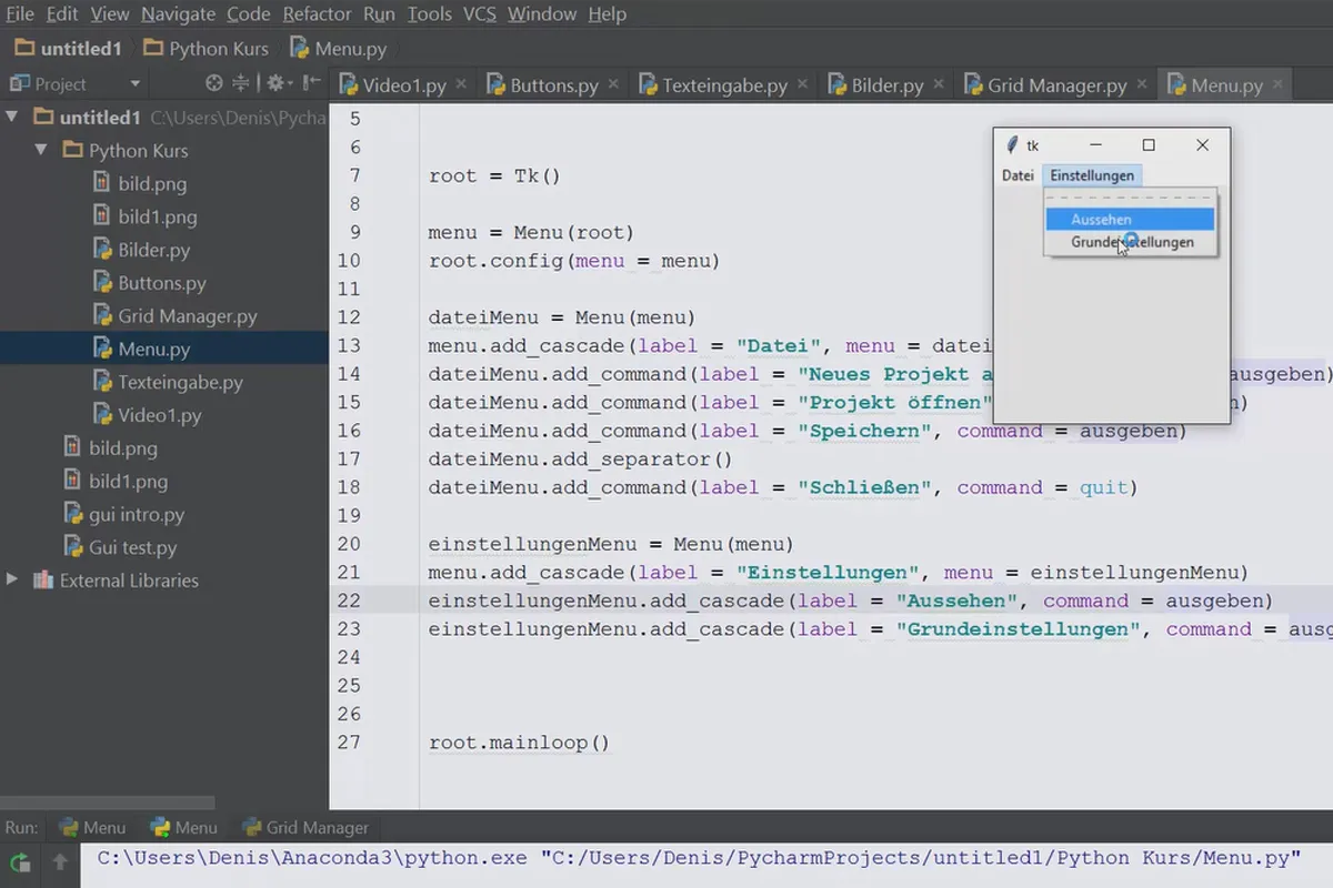 Programare Python pentru începători - crearea a 64 de bara de meniu și meniu derulant.