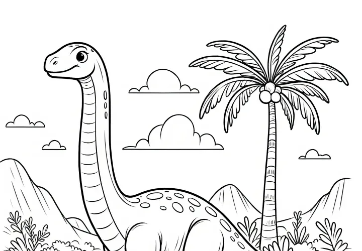 Ausmalbild eines Brachiosaurus in einer prähistorischen Landschaft mit Palmen und Bergen.