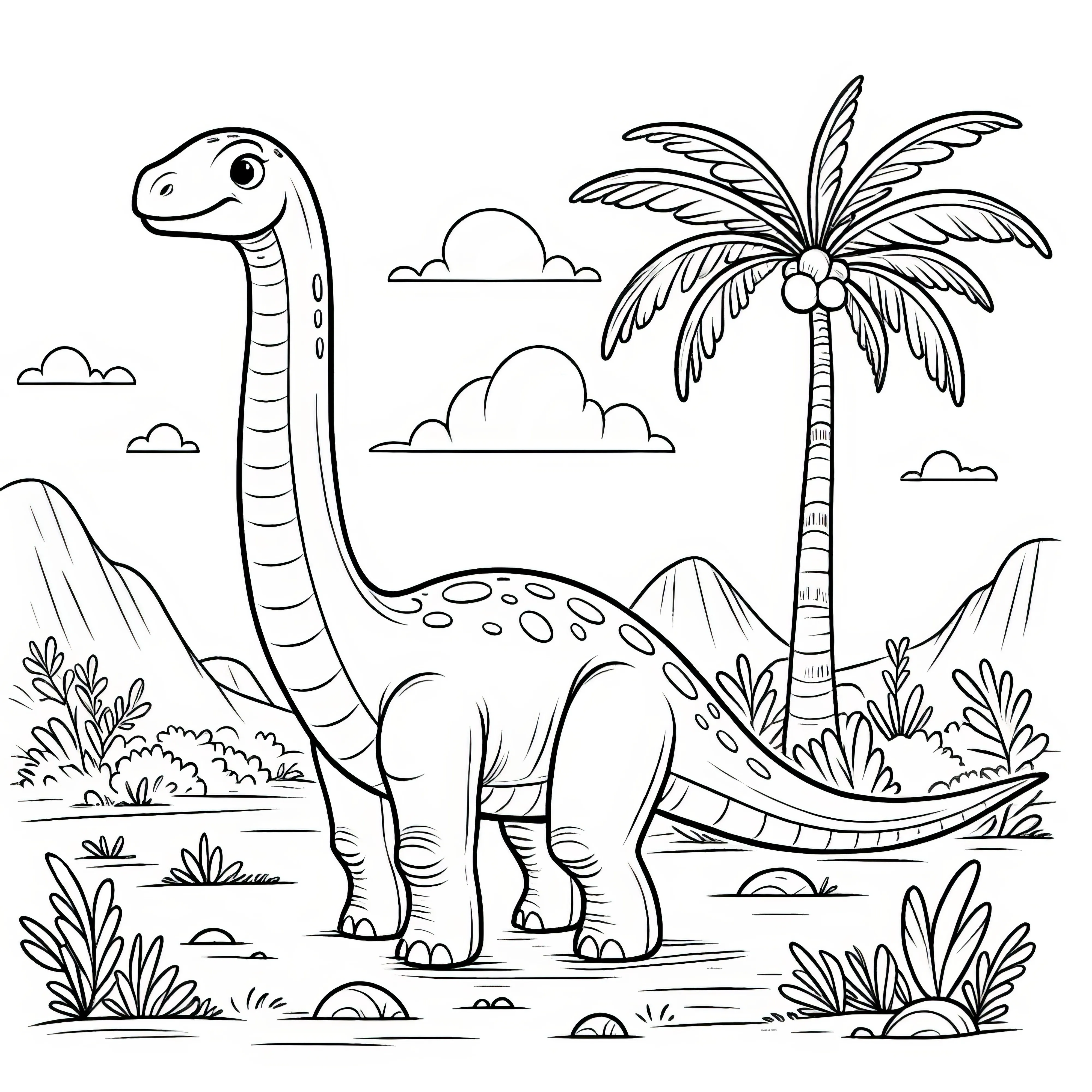 Ausmalbild eines Brachiosaurus in einer prähistorischen Landschaft mit Palmen und Bergen.