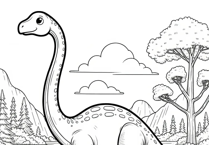 Ausmalbild mit einem Brachiosaurus in einer Waldlandschaft