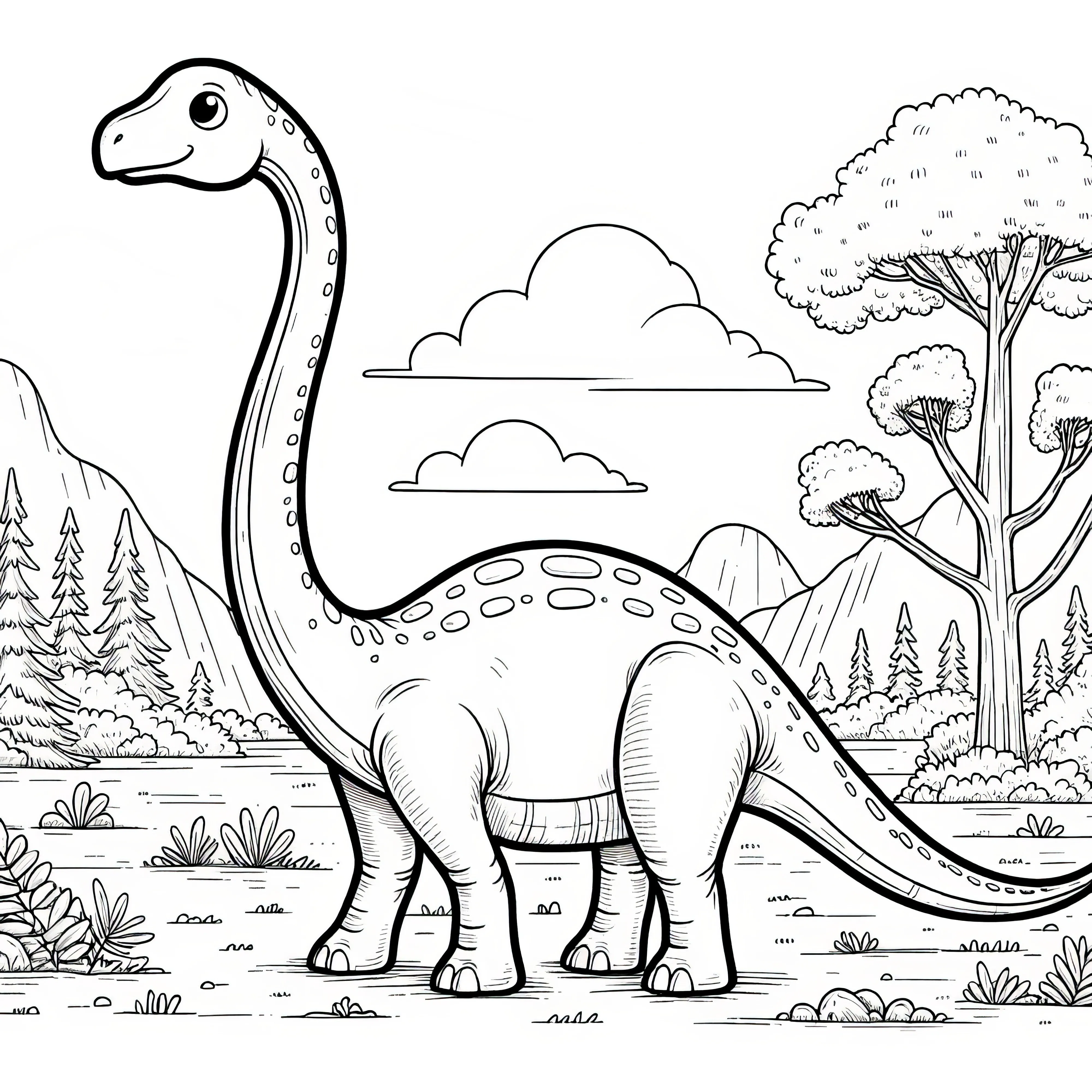 Ausmalbild mit einem Brachiosaurus in einer Waldlandschaft