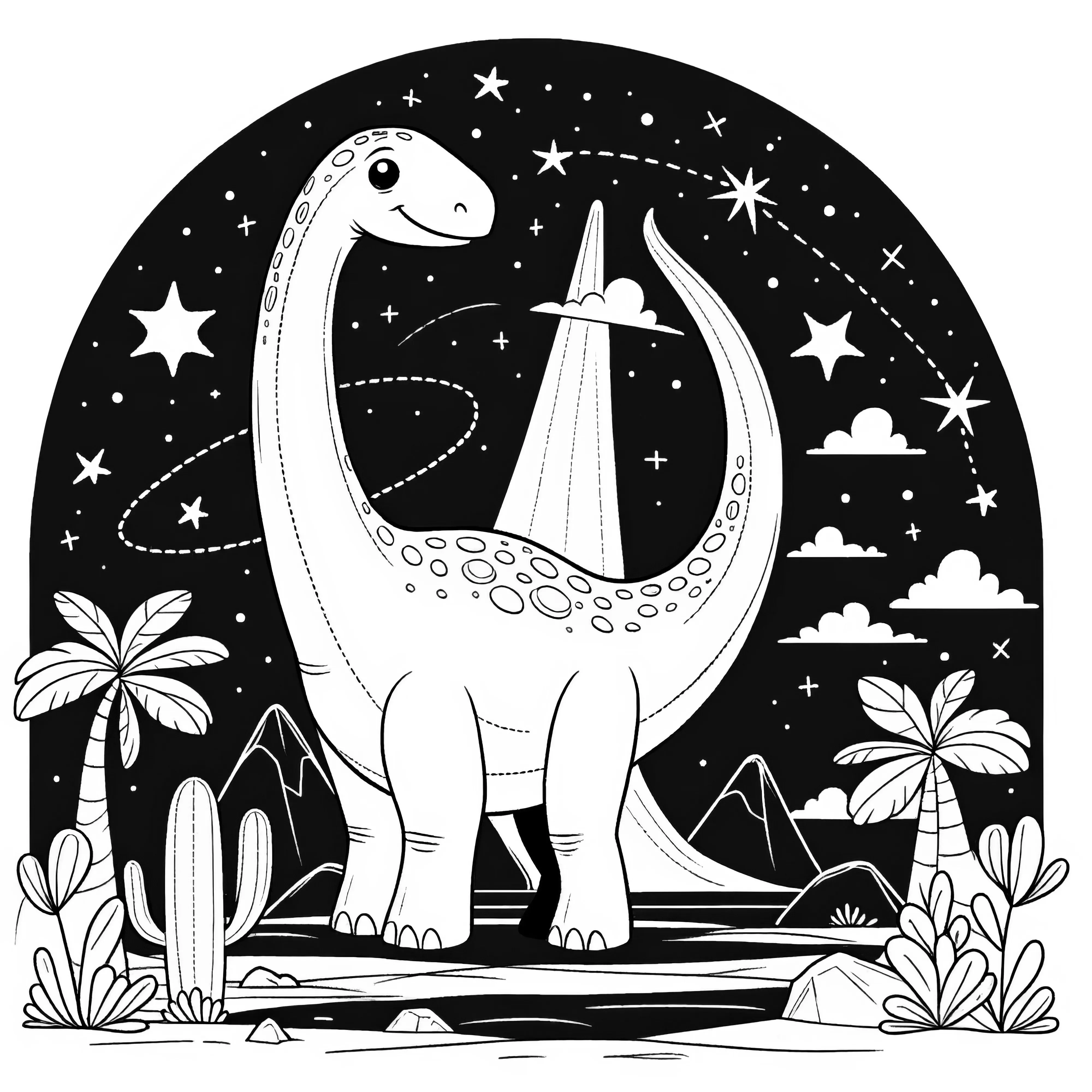 Zeichnung eines Brachiosaurus mit Sternenhimmel und Palmen