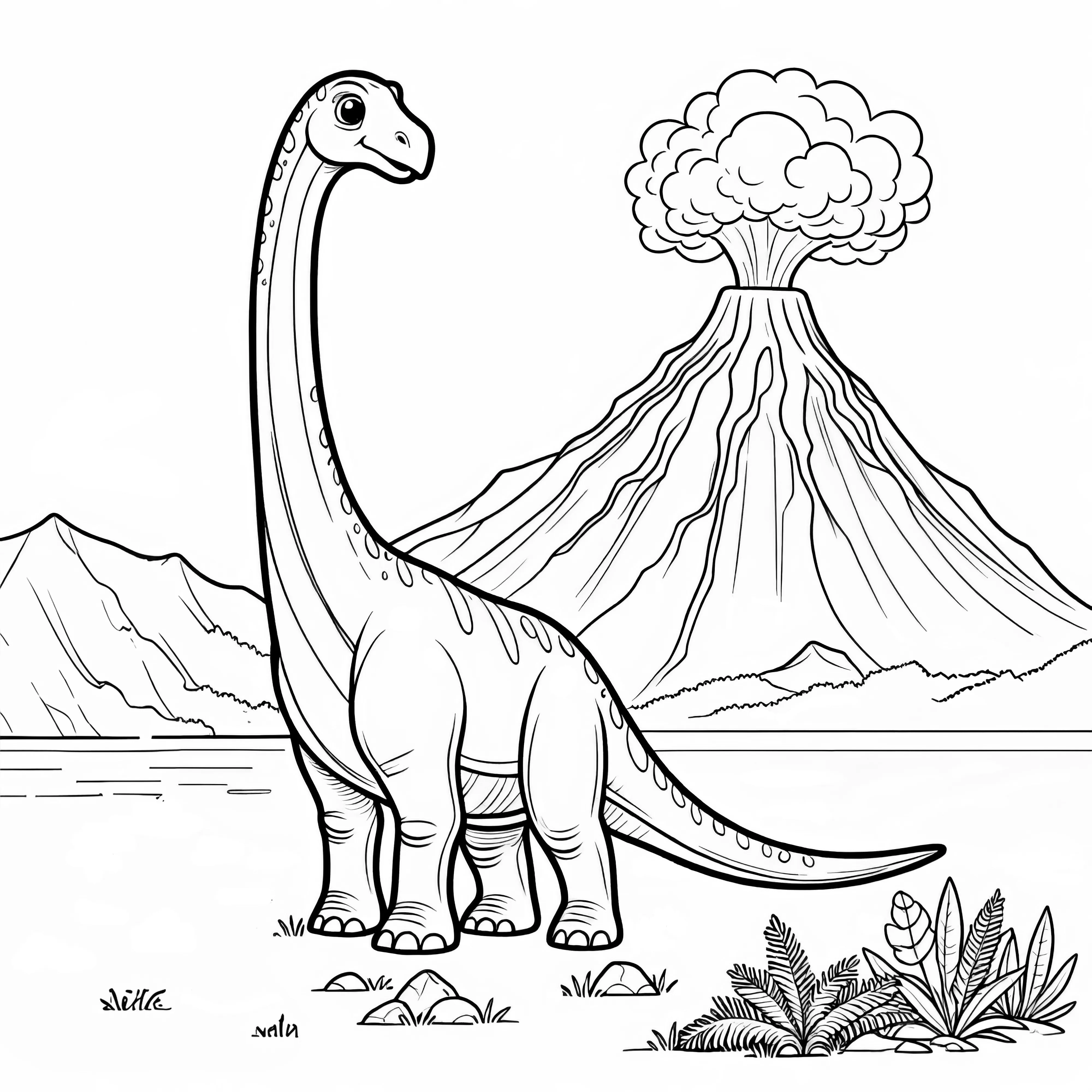 Brachiosaurus in Vulkanlandschaft Ausmalbild