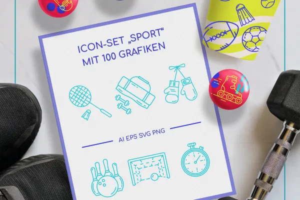 Set mit 100 Icons rund um die Themen Sport, Fußball, Basketball, Tennis und Co.