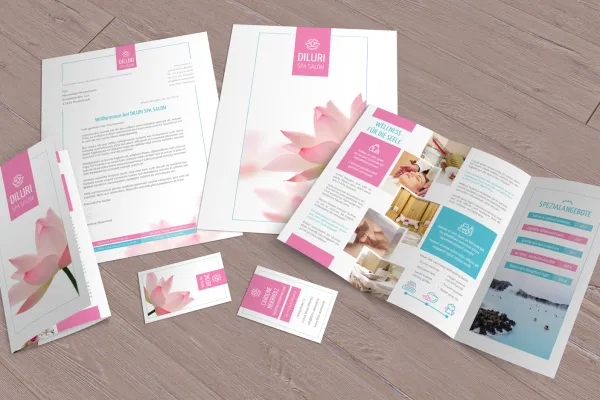 Vorlagen im Corporate Design für den Bereich Wellness und Friseure: Flyer, Briefpapier, Visitenkarten