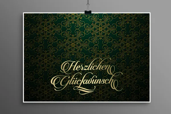 Hintergrund in Grün, Ornamente in Gold, versehen mit einem Text