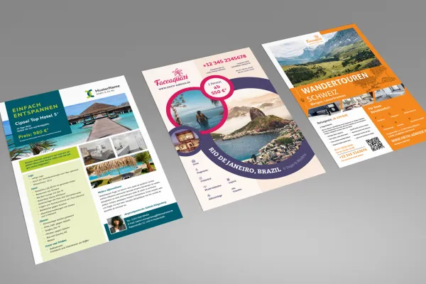 Flyer-Vorlagen im A4-Format zur Gestaltung eines Aushangs zur Schaufensterwerbung in Reisebüros