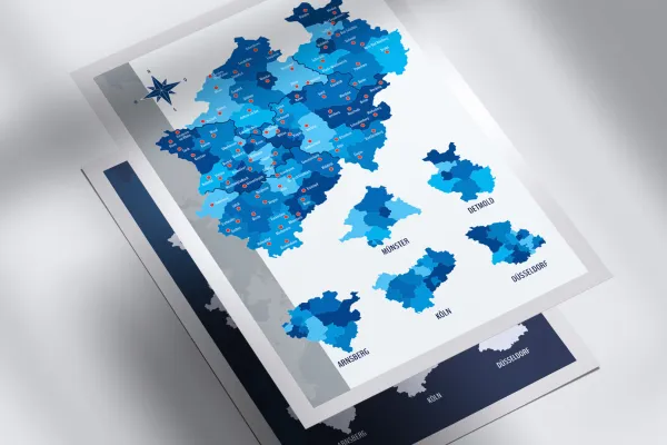 Landkarte Nordrhein-Westfalen mit Landkreisen und Städten