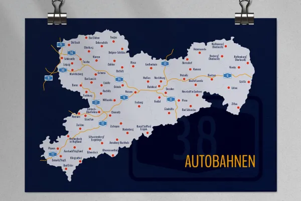 Hartă a landului Sachsen cu districtele și autostrăzile.