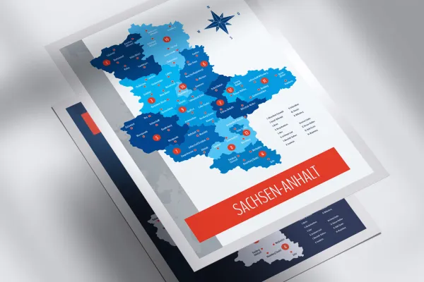 Hartă a landului Saxonia-Anhalt cu districte în diferite design-uri.