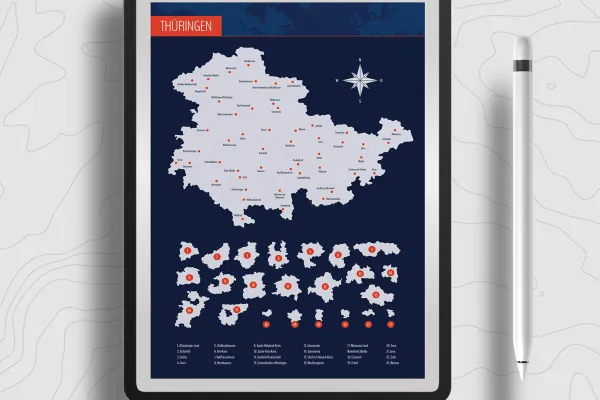 Hartă a landului Turingia cu districtele pe o tabletă