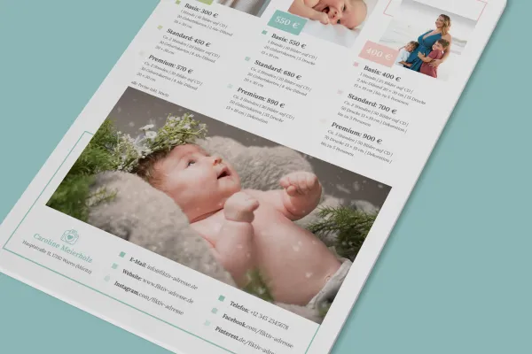 Șablon de listă de prețuri pentru fotografi (fotografie de bebeluși) pentru editare în Photoshop, InDesign și Word