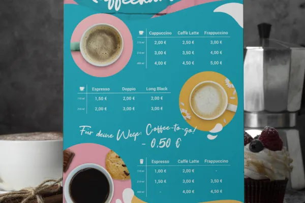 Șablon de carduri de cafea pentru editare în InDesign, Photoshop și Word.